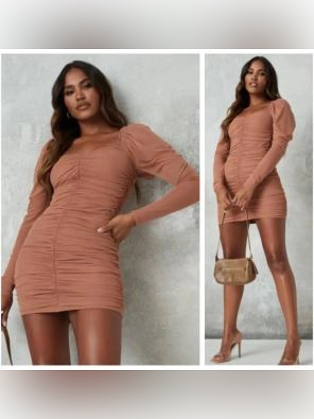 Missguided NWOT Ruched Mesh Long-Sleeve Mini Dress in Terracotta